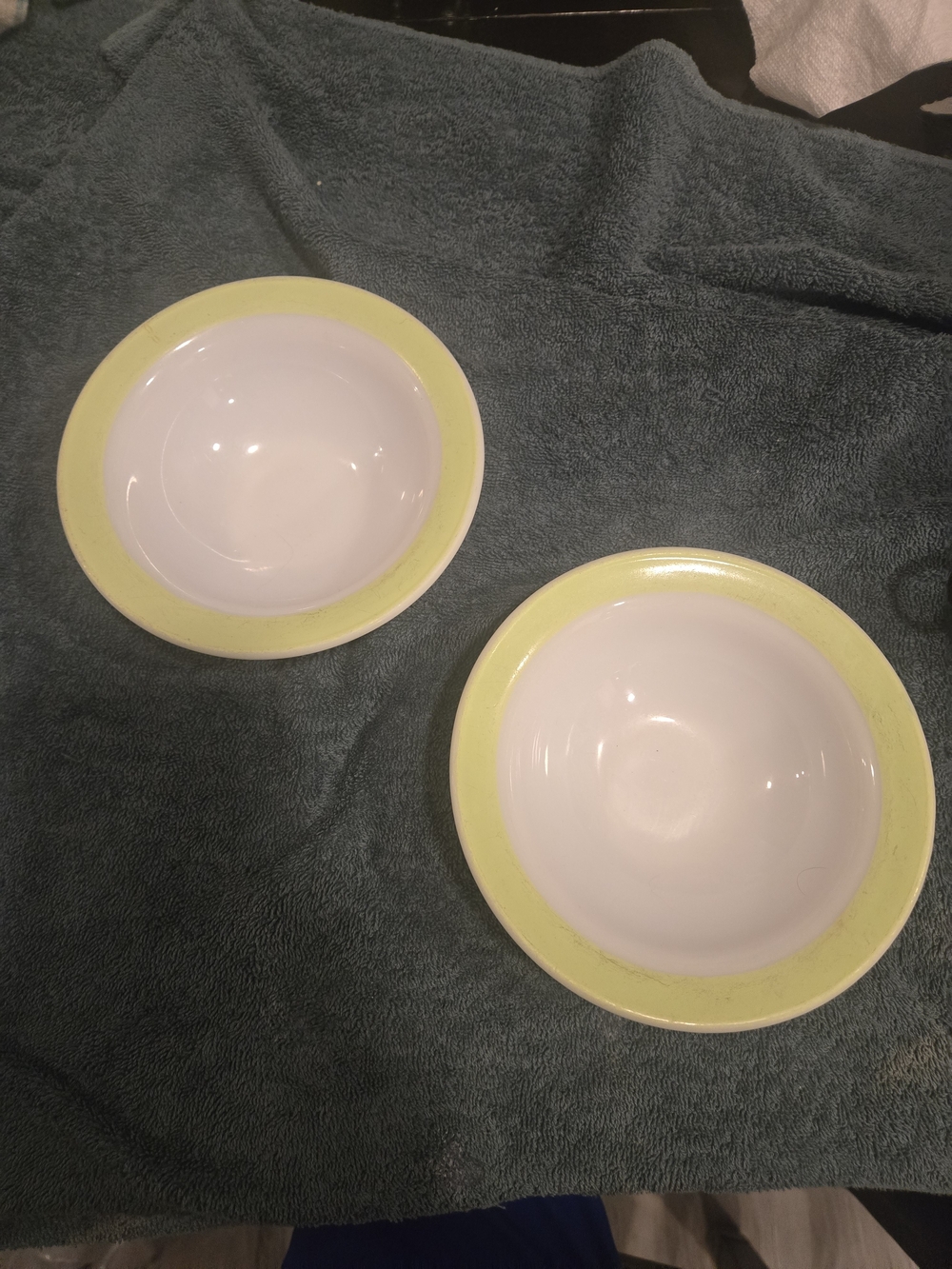 Vintage PYREX Milk Glass Lime Green Band 5.5" Cereal Berry Bowls Set of 2 1950s